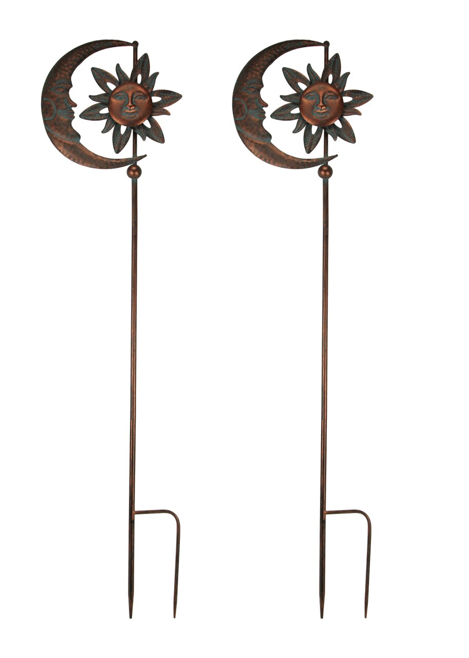 2 Verdigris Patina Copper Finish Celestial Sun and Moon Wind Spinner Stakes